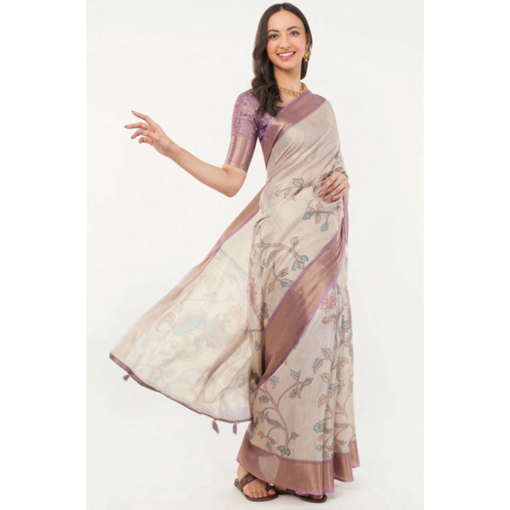 Generic Women's Polyester Printed Saree With Unstitched Blouse 5.5 MtrÂ (Cream)