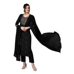 Generic Women's Tesla Silk Embroidered U-Neck Kurti With Pant Dupatta Set (Black)