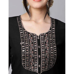 Generic Women's Tesla Silk Embroidered U-Neck Kurti With Pant Dupatta Set (Black)