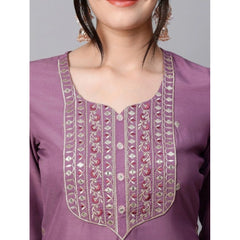 Generic Women's Tesla Silk Embroidered U-Neck Kurti With Pant Dupatta Set (Light Purple)