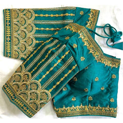 Generic Women's Phantom Silk Embroidered Designer Neck Padded Blouse (Teal 38 Ready (Alterable up to 42)