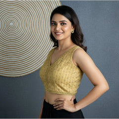 Generic Women's Silk Blend Embroidered V-Neck Non Padded Blouse (Beige 38 Ready (Alterable up to 42)