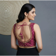 Generic Women's Silk Blend Embroidered V-Neck Non Padded Blouse (Dark Wine 38 Ready (Alterable up to 42)