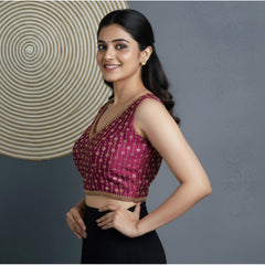 Generic Women's Silk Blend Embroidered V-Neck Non Padded Blouse (Dark Wine 38 Ready (Alterable up to 42)