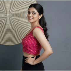 Generic Women's Silk Blend Embroidered V-Neck Non Padded Blouse (Pink 38 Ready (Alterable up to 42)