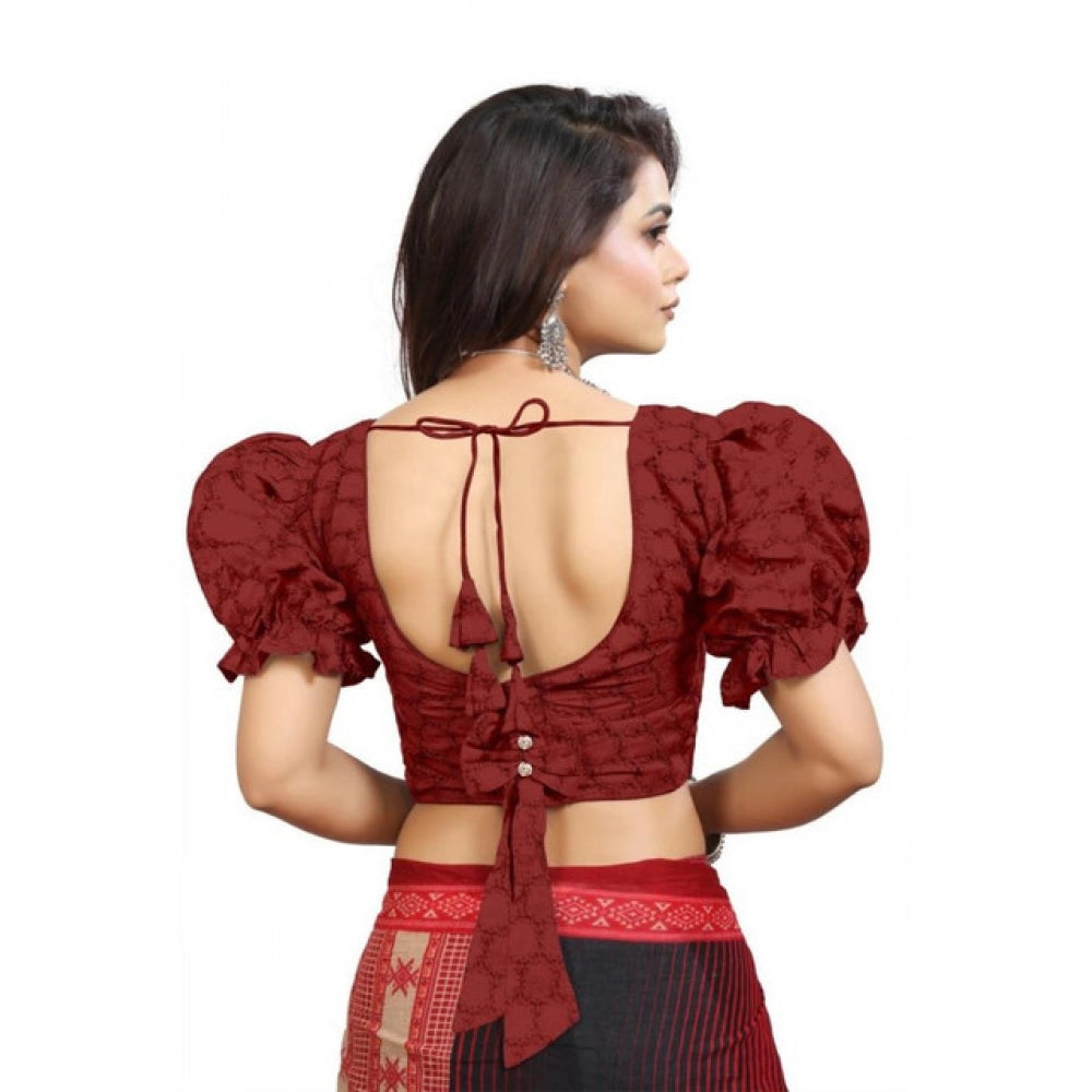 Generic Women's Cotton Embroidered V-Neck Non Padded Blouse (Maroon 36 Ready (Alterable up to 42)
