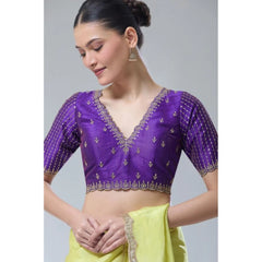 Generic Women's Banarasi Silk Sequence V Neck Non Padded Blouse (Purple 38 Ready (Alterable up to 42)