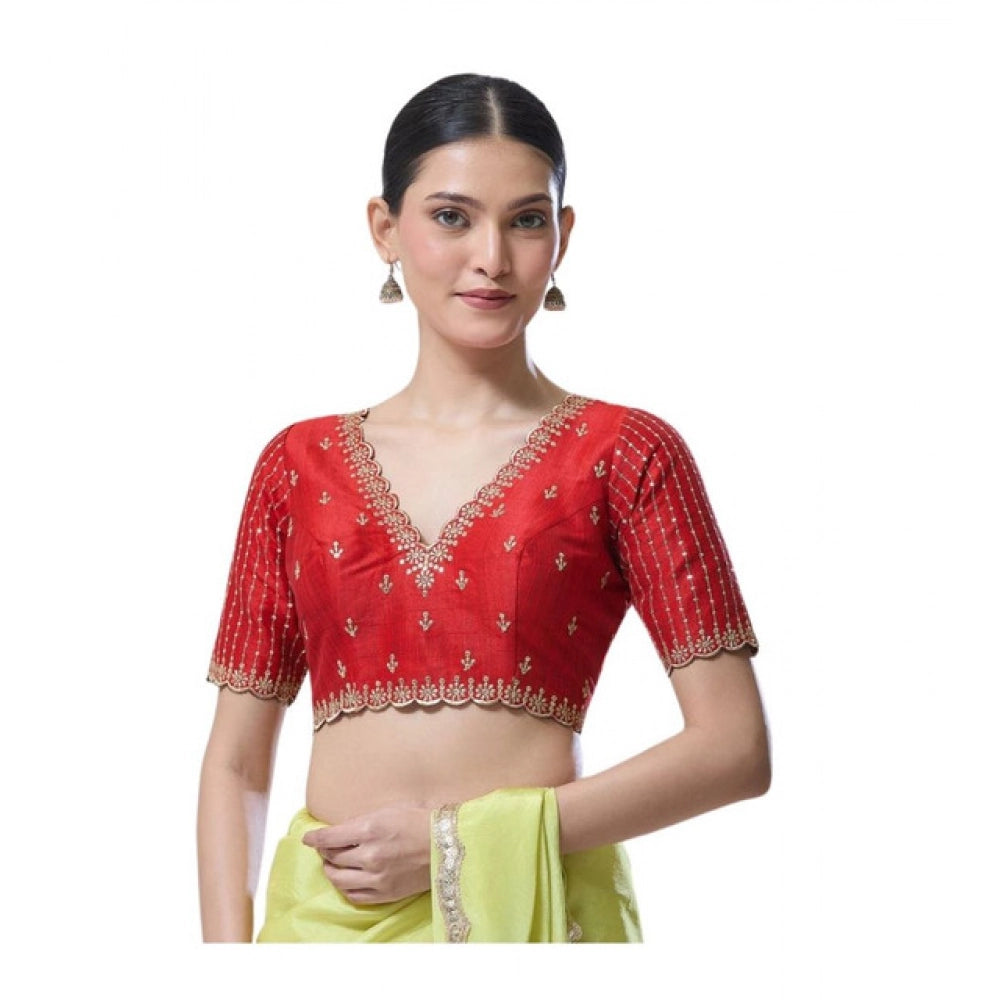Generic Women's Banarasi Silk Sequence V Neck Non Padded Blouse (Red 38 Ready (Alterable up to 42)