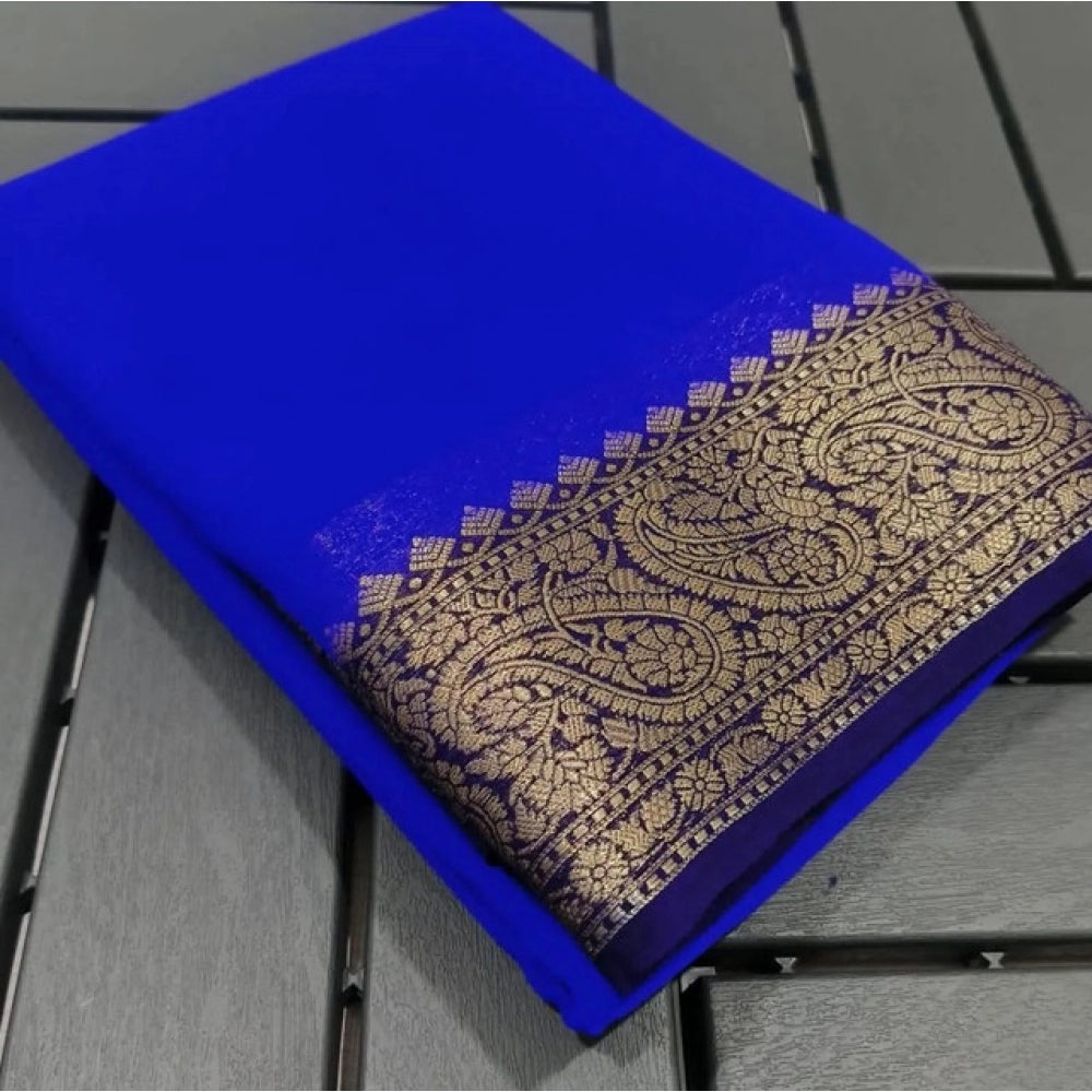 Generic Women's Crepe Chit Pallu Solid Saree With Unstitched Blouse 5.5MtrÂ (Navy Blue)