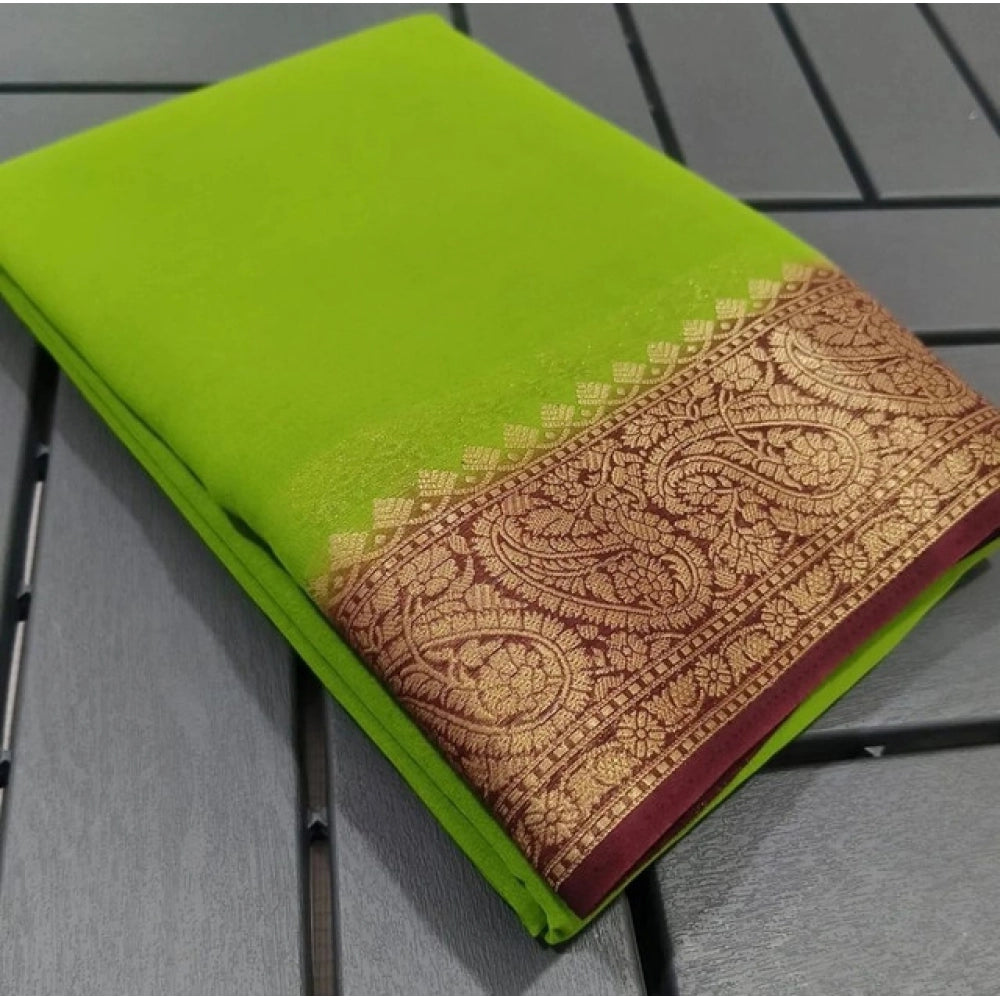 Generic Women's Crepe Chit Pallu Solid Saree With Unstitched Blouse 5.5MtrÂ (Green)