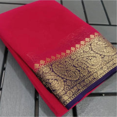 Generic Women's Crepe Chit Pallu Solid Saree With Unstitched Blouse 5.5MtrÂ (Red)