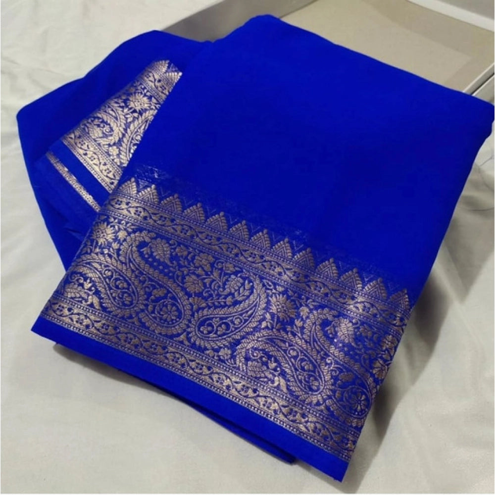 Generic Women's Crepe Chit Pallu Solid Saree With Unstitched Blouse 5.5MtrÂ (Navy Blue)