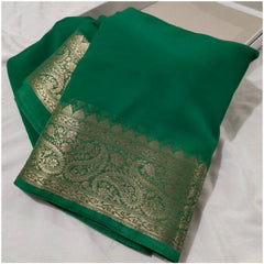 Generic Women's Crepe Chit Pallu Solid Saree With Unstitched Blouse 5.5MtrÂ (Green)
