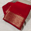  Women's Crepe Chit Pallu Solid Saree With Unstitched Blouse 5.5MtrÂ (Red)