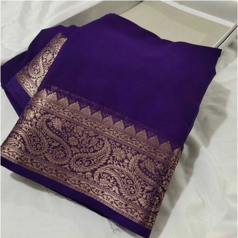 Generic Women's Crepe Chit Pallu Solid Saree With Unstitched Blouse 5.5MtrÂ (Purple)
