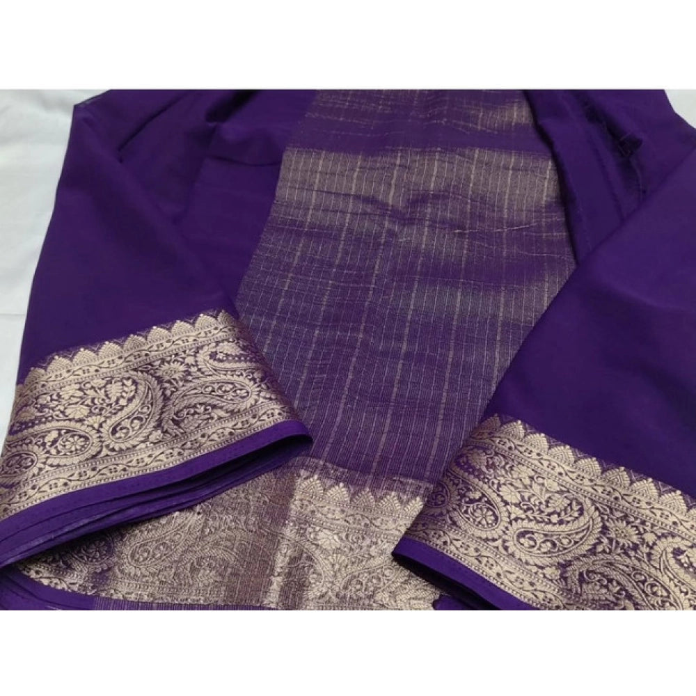 Generic Women's Crepe Chit Pallu Solid Saree With Unstitched Blouse 5.5MtrÂ (Purple)