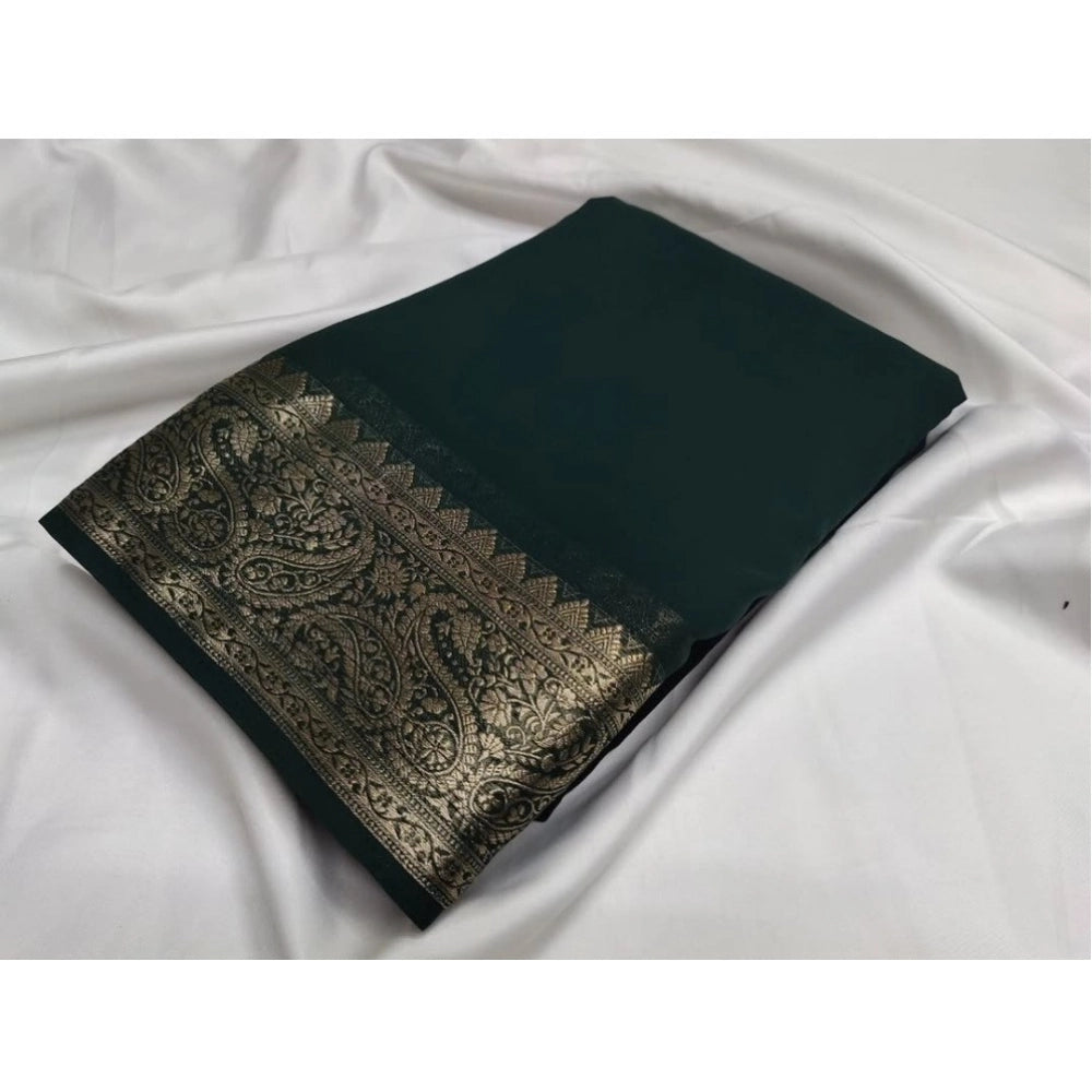 Generic Women's Crepe Chit Pallu Solid Saree With Unstitched Blouse 5.5MtrÂ (Bottle Green)