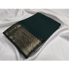 Generic Women's Crepe Chit Pallu Solid Saree With Unstitched Blouse 5.5MtrÂ (Bottle Green)