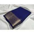  Women's Crepe Chit Pallu Solid Saree With Unstitched Blouse 5.5MtrÂ (Blue)