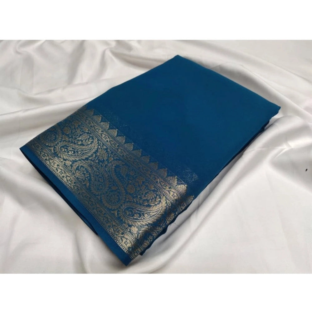 Generic Women's Crepe Chit Pallu Solid Saree With Unstitched Blouse 5.5MtrÂ (Sea-Green)