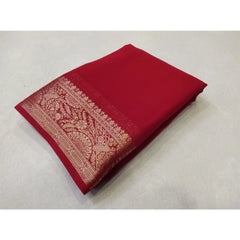 Generic Women's Crepe Chit Pallu Solid Saree With Unstitched Blouse 5.5MtrÂ (Red)