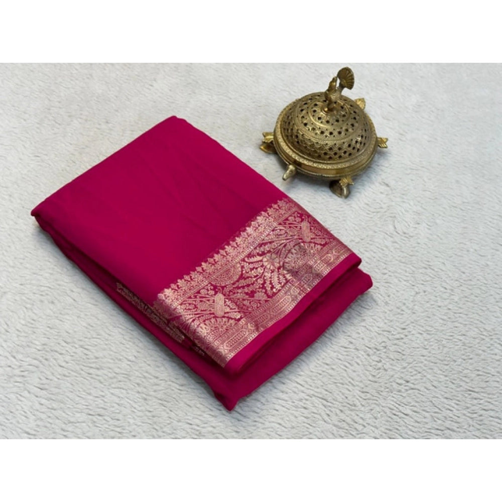 Generic Women's Crepe Chit Pallu Solid Saree With Unstitched Blouse 5.5MtrÂ (Pink)