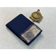 Generic Women's Crepe Chit Pallu Solid Saree With Unstitched Blouse 5.5MtrÂ (Blue)