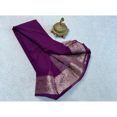 Generic Women's Crepe Chit Pallu Solid Saree With Unstitched Blouse 5.5MtrÂ (Purple)
