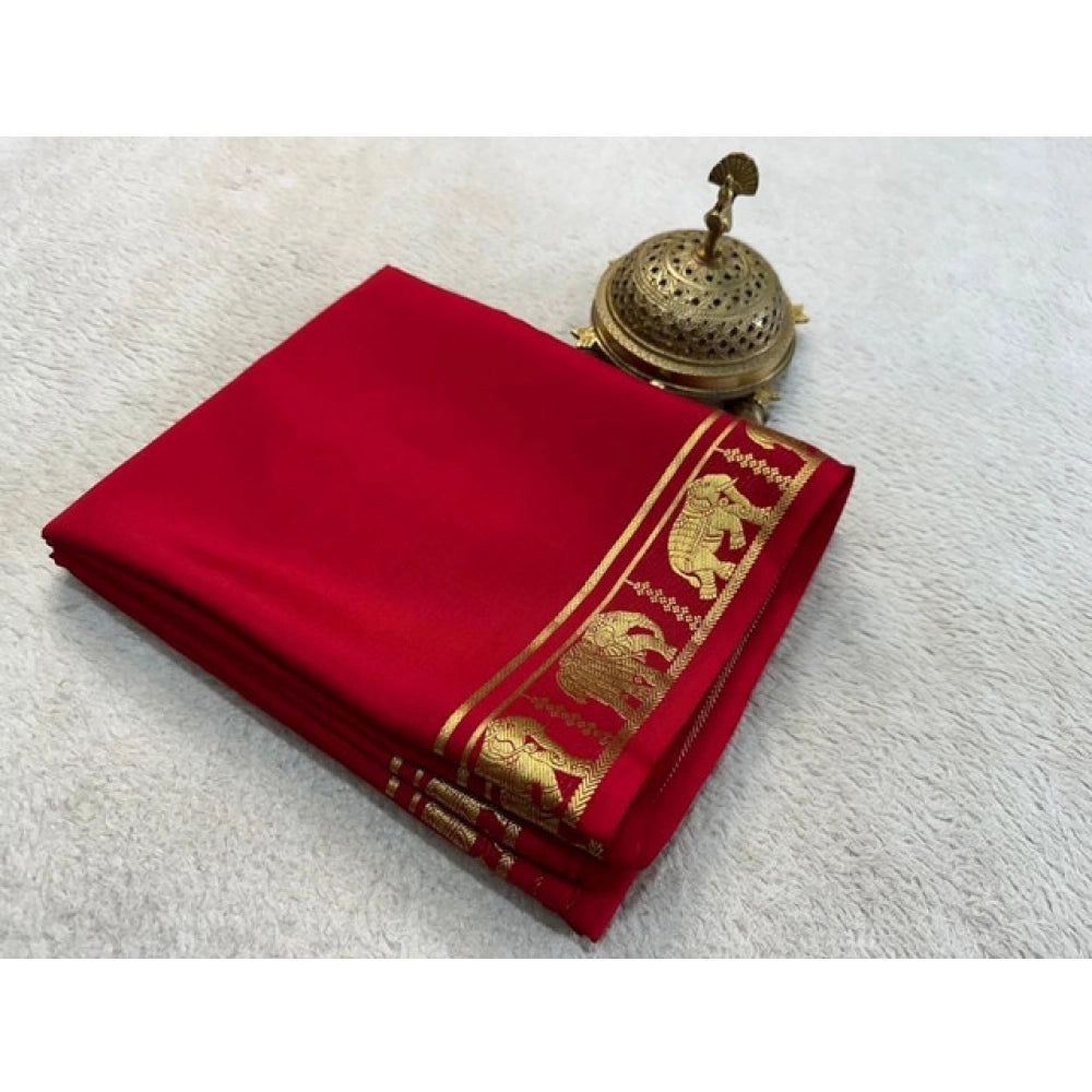 Generic Women's Crepe Chit Pallu Solid Saree With Unstitched Blouse 5.5MtrÂ (Red)