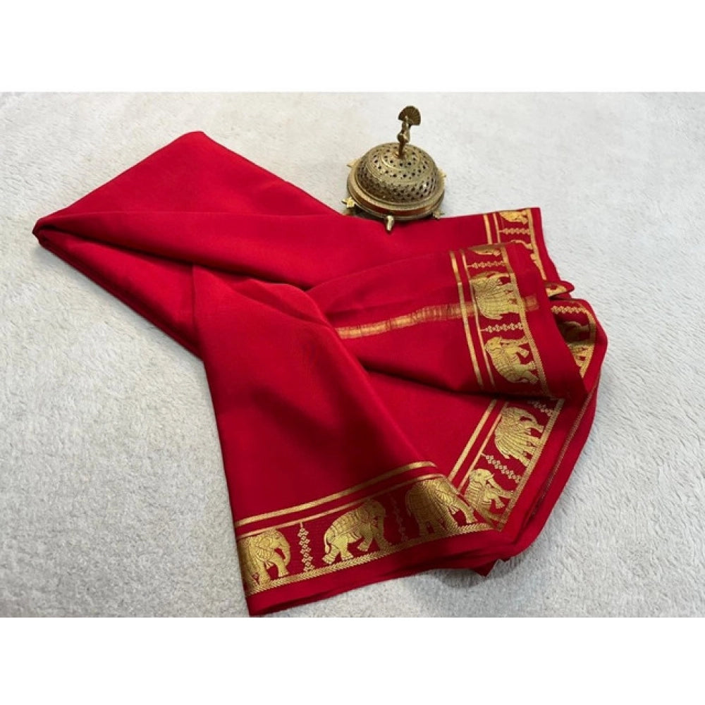 Generic Women's Crepe Chit Pallu Solid Saree With Unstitched Blouse 5.5MtrÂ (Red)