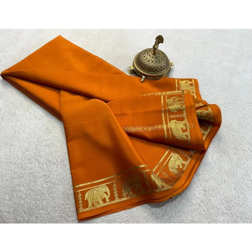 Generic Women's Crepe Chit Pallu Solid Saree With Unstitched Blouse 5.5MtrÂ (Orange)