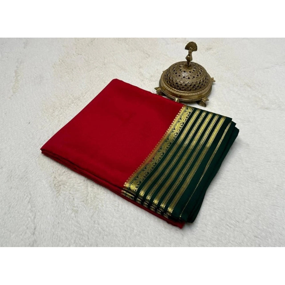 Generic Women's Crepe Chit Pallu Solid Saree With Unstitched Blouse 5.5MtrÂ (Red)