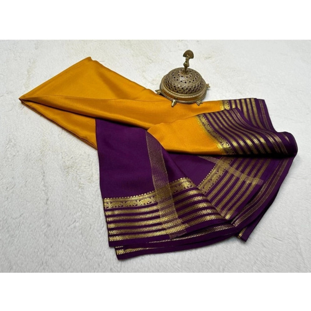 Generic Women's Crepe Chit Pallu Solid Saree With Unstitched Blouse 5.5MtrÂ (Gold)