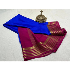 Generic Women's Crepe Chit Pallu Solid Saree With Unstitched Blouse 5.5MtrÂ (Navy Blue)