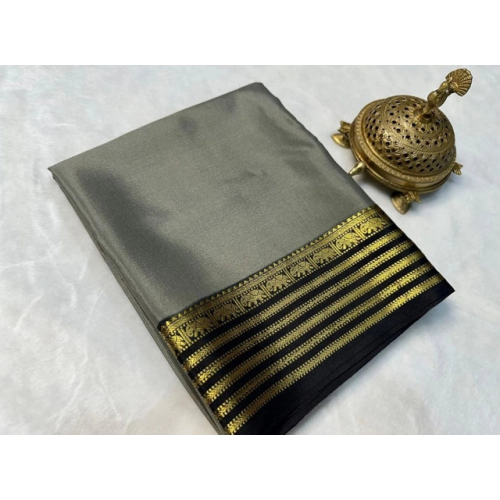 Generic Women's Crepe Chit Pallu Solid Saree With Unstitched Blouse 5.5MtrÂ (Gray)