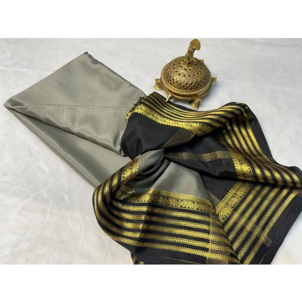 Generic Women's Crepe Chit Pallu Solid Saree With Unstitched Blouse 5.5MtrÂ (Gray)