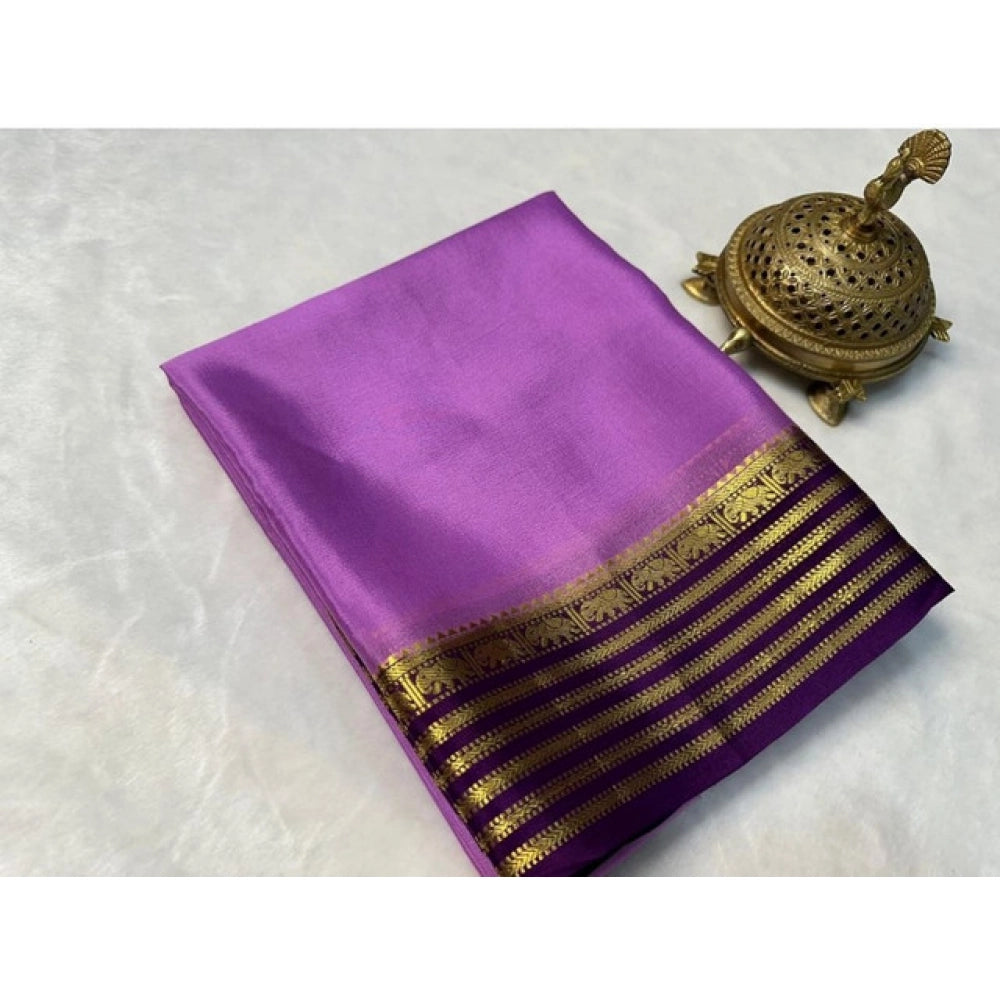 Generic Women's Crepe Chit Pallu Solid Saree With Unstitched Blouse 5.5MtrÂ (Dark Purple)