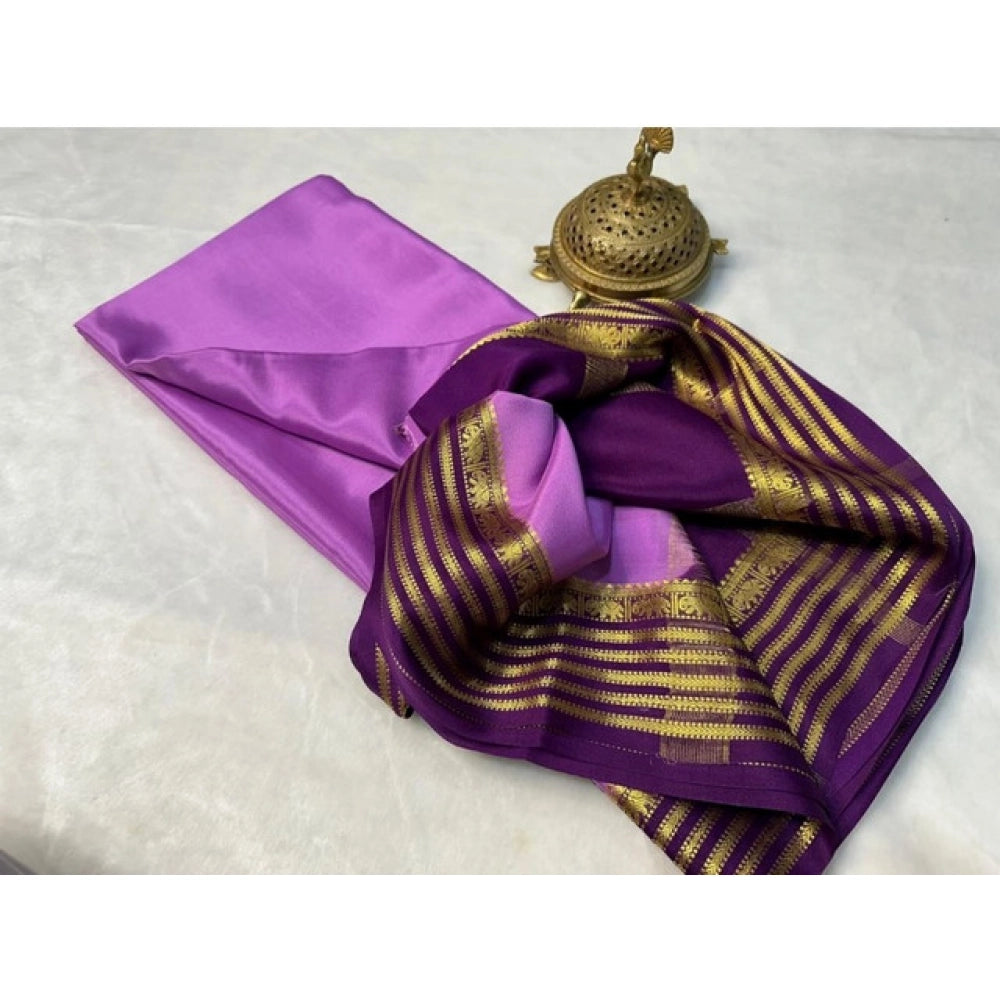 Generic Women's Crepe Chit Pallu Solid Saree With Unstitched Blouse 5.5MtrÂ (Dark Purple)