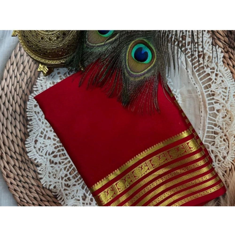 Generic Women's Crepe Chit Pallu Solid Saree With Unstitched Blouse 5.5MtrÂ (Red)