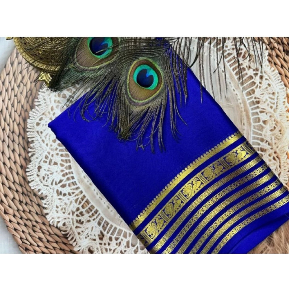 Generic Women's Crepe Chit Pallu Solid Saree With Unstitched Blouse 5.5MtrÂ (Blue)