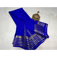 Generic Women's Crepe Chit Pallu Solid Saree With Unstitched Blouse 5.5MtrÂ (Blue)