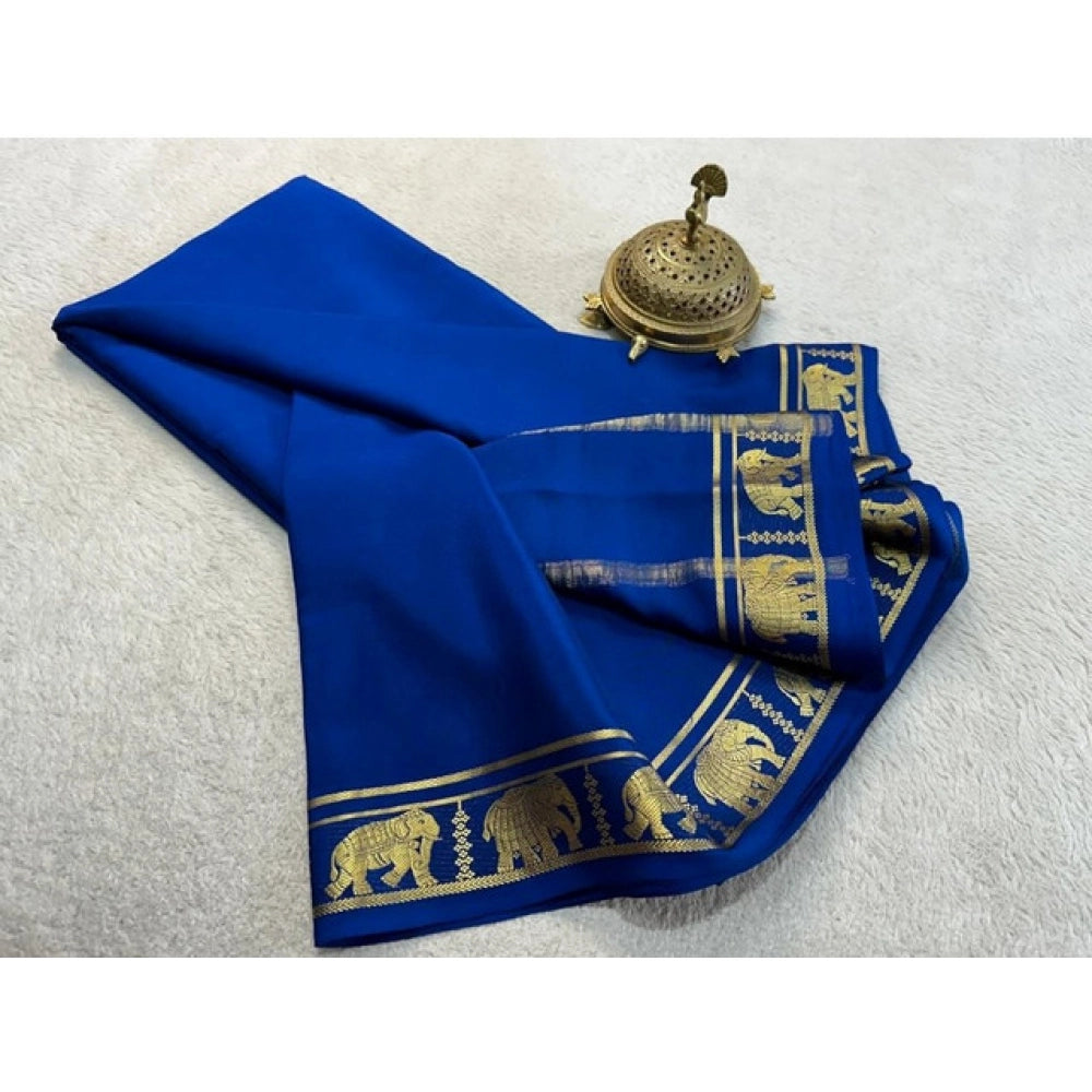 Generic Women's Crepe Chit Pallu Solid Saree With Unstitched Blouse 5.5MtrÂ (Navy Blue)