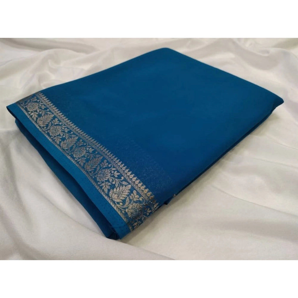 Generic Women's Crepe Chit Pallu Solid Saree With Unstitched Blouse 5.5MtrÂ (teal blue)
