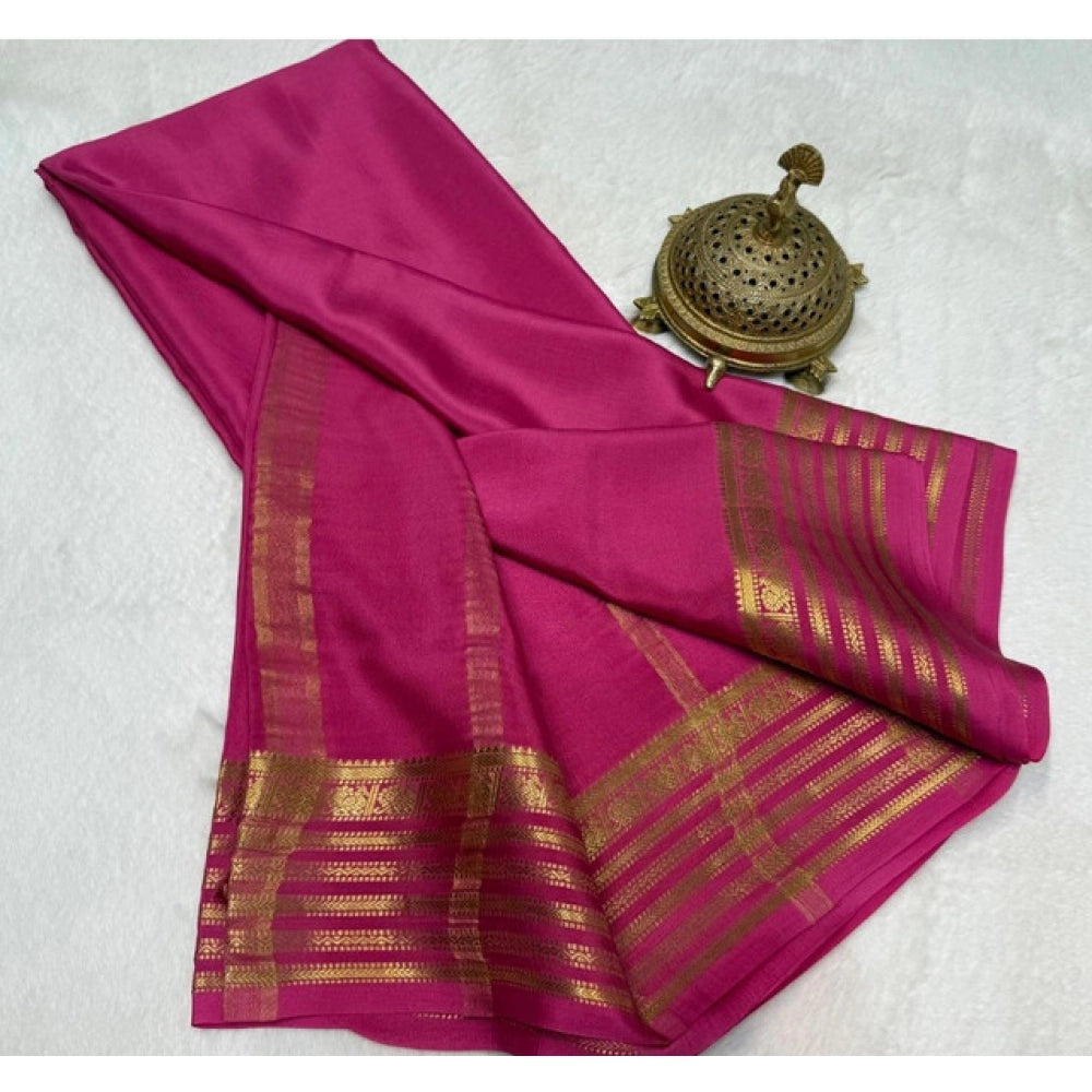 Generic Women's Crepe Chit Pallu Solid Saree With Unstitched Blouse 5.5MtrÂ (Pink)