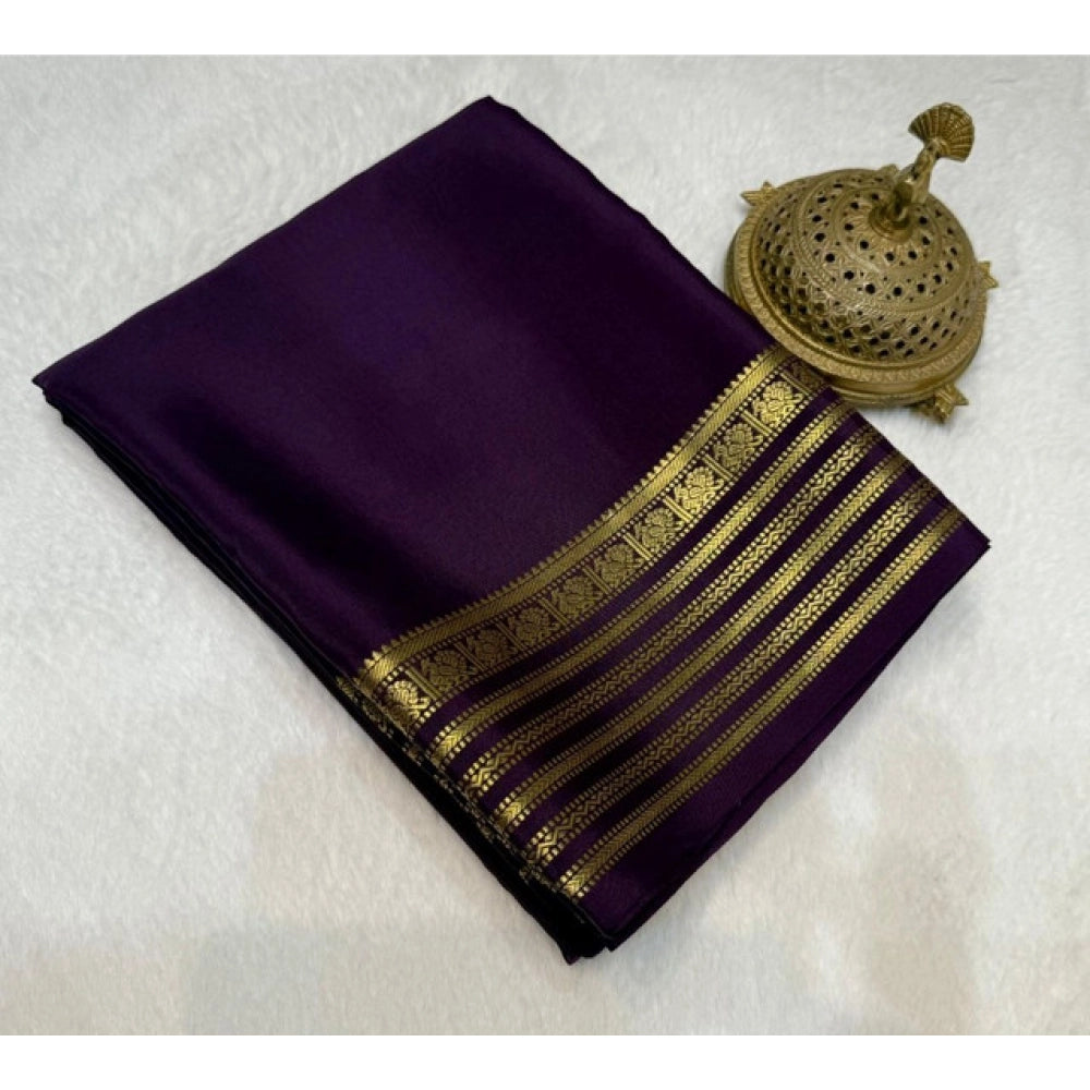 Generic Women's Crepe Chit Pallu Solid Saree With Unstitched Blouse 5.5MtrÂ (Dark Purple)