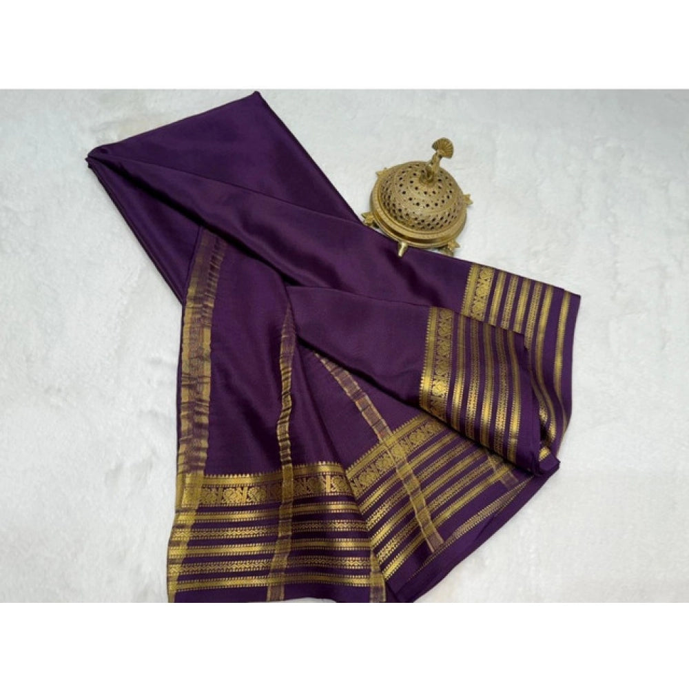 Generic Women's Crepe Chit Pallu Solid Saree With Unstitched Blouse 5.5MtrÂ (Dark Purple)
