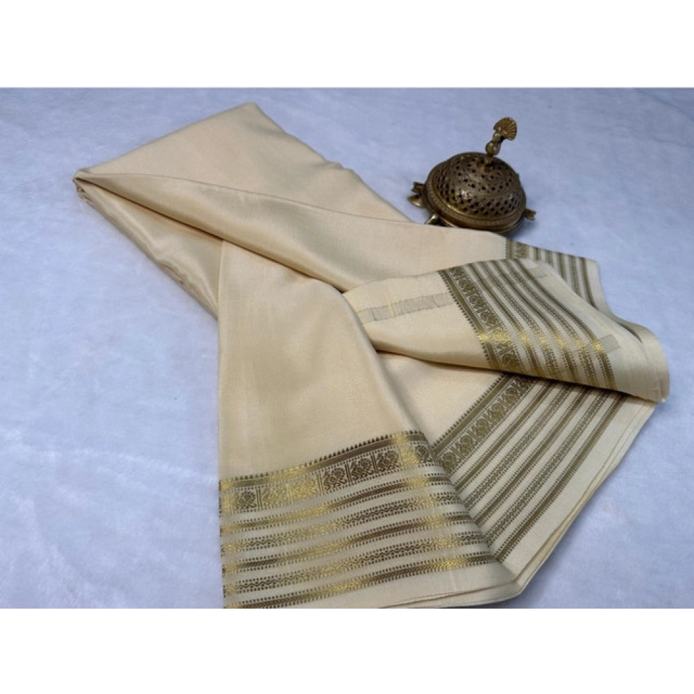 Generic Women's Crepe Chit Pallu Solid Saree With Unstitched Blouse 5.5MtrÂ (Beige)