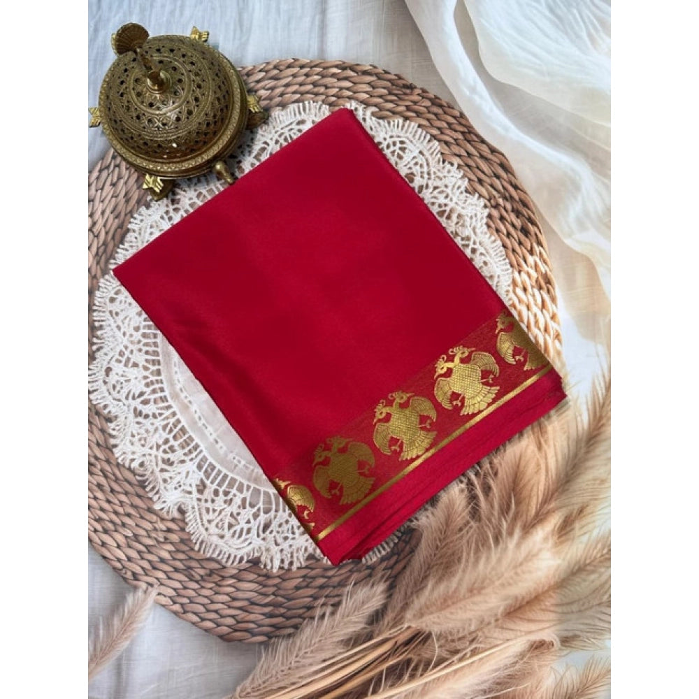 Generic Women's Crepe Chit Pallu Solid Saree With Unstitched Blouse 5.5MtrÂ (Red)