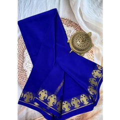 Generic Women's Crepe Chit Pallu Solid Saree With Unstitched Blouse 5.5MtrÂ (Navy Blue)