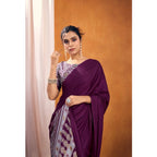 Generic Women's Satin Crepe Printed Saree With Unstitched Blouse 5.5Mtr (Purple)